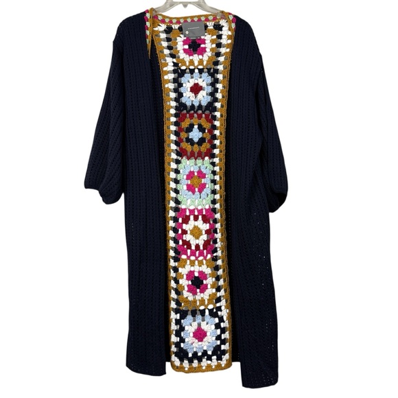Anthropologie Square Crochet Knit Puff Sleeve Open Long Cardigan - Picture 2 of 6